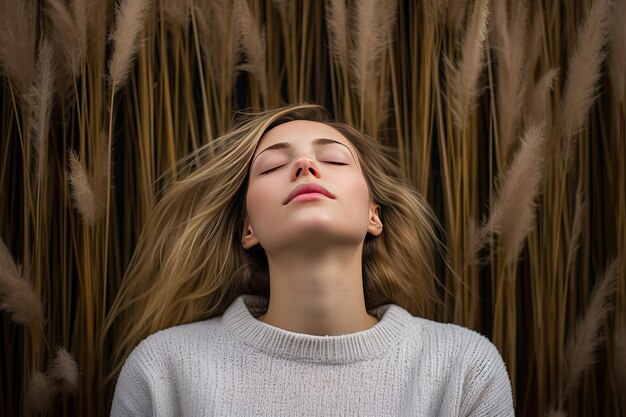 A young woman standing with her eyes closed