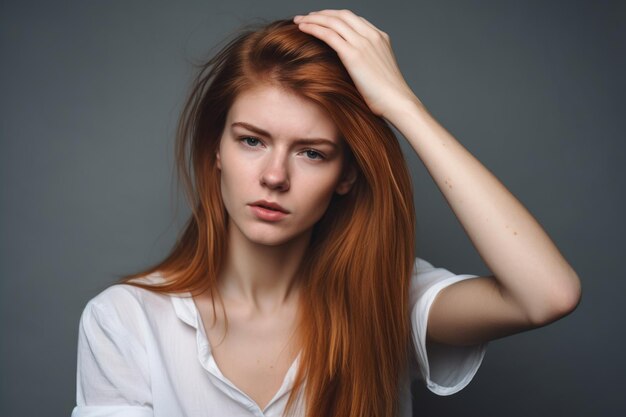 A young woman standing with her fingers in her hair while posing against a gray background