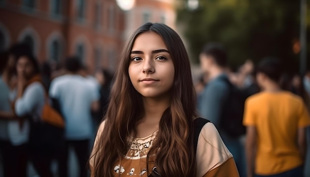 Photo a young woman stands in a crowd in a city