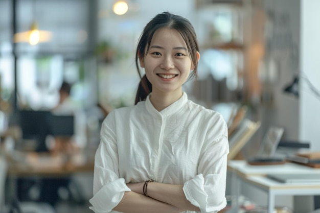 Photo a young woman stands in front of a desk with her arms crossed