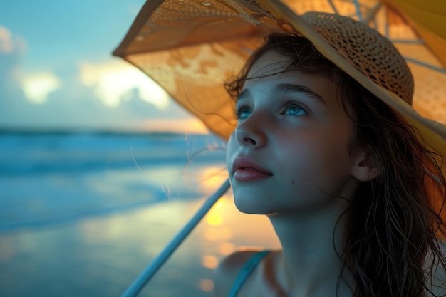 若い女性が静かな海の背景に沈む太陽に照らされた蕾の傘の下に立っています