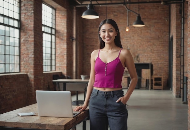 Young woman stands in a modern office setting smiling confidently she is poised and professional