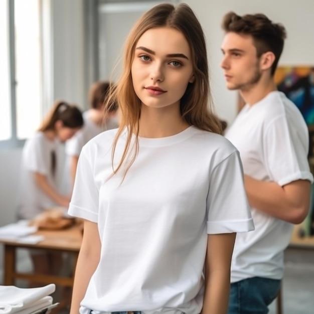 A young woman stands in a room with a white t - shirt and a man in a white t - shirt.