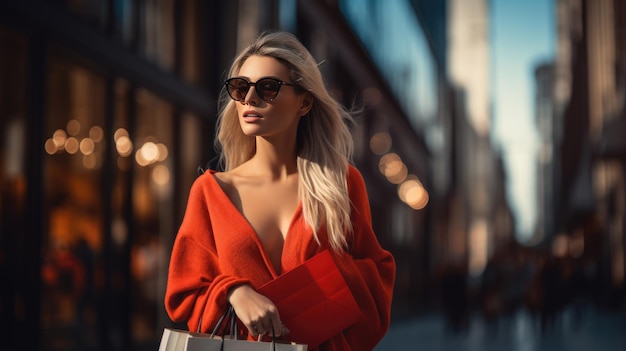 Young woman stands on the street with bags while shopping Created with Generative AI technology