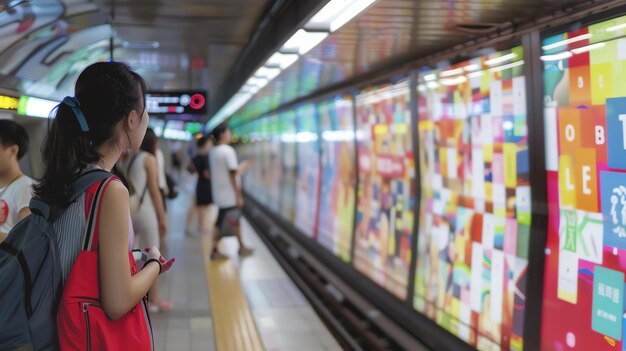 Photo a young woman stands on a subway platform waiting for the train to arrive she is wearing a red tank top and a black skirt