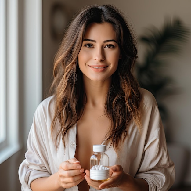 young woman stands with the little jar of pills