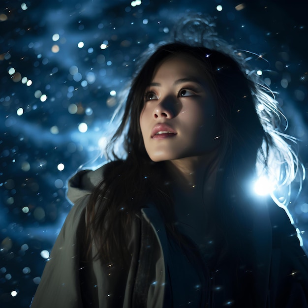 A young woman behind a star surrounded by darkness and snow