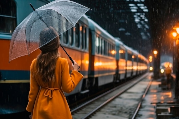 雨の中で傘を持って駅にいる若い女性