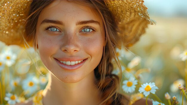 Young woman in a straw hat on a camomile field