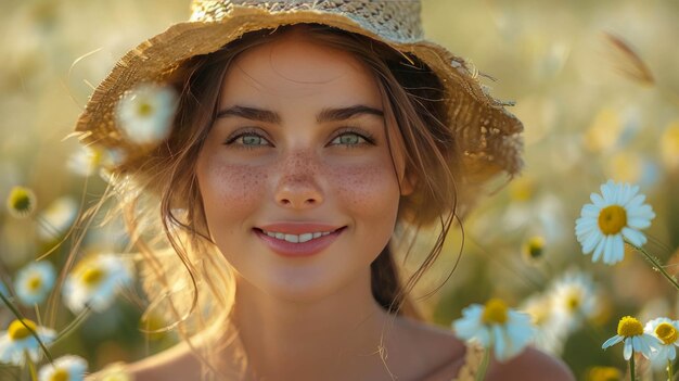 Young woman in a straw hat on a camomile field