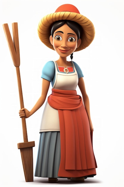 A young woman in a straw hat and red apron holds a wooden oar