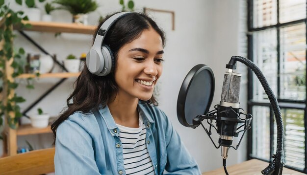 Photo young woman streaming a podcast