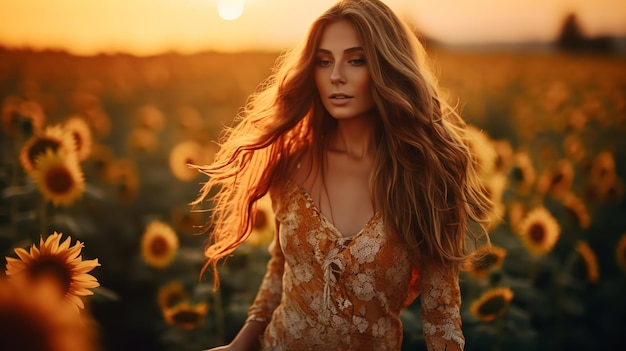 A young woman strolling through a sunflower field in bloom generative ai