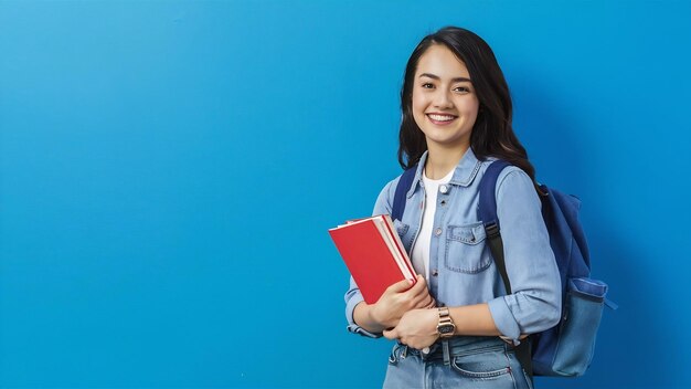 Young woman student in denim clothes and backpack holds books isolated on blue wall