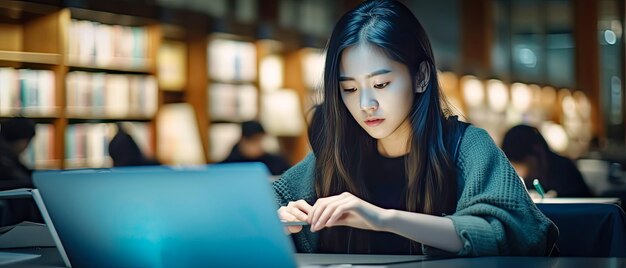 学校の図書館で勉強する若い女性学生