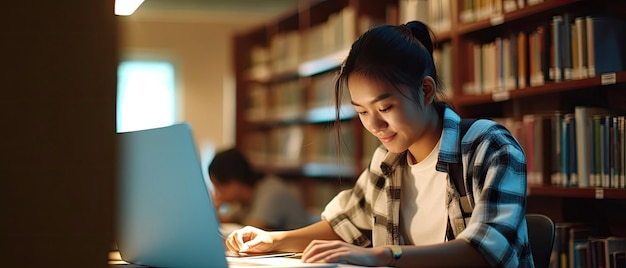 学校の図書館で勉強する若い女性学生