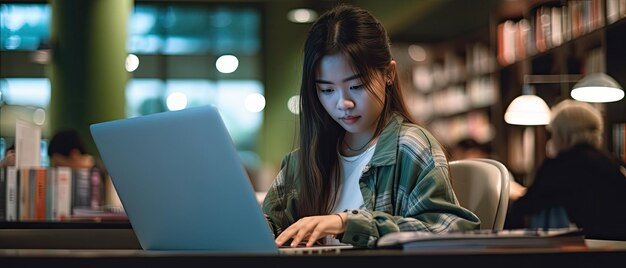 学校の図書館で勉強する若い女性学生