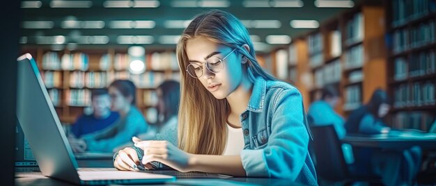 学校の図書館で勉強する若い女性学生