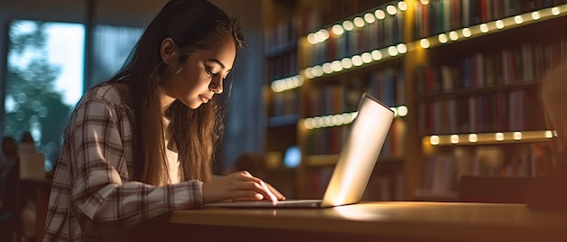 学校の図書館で勉強する若い女性学生