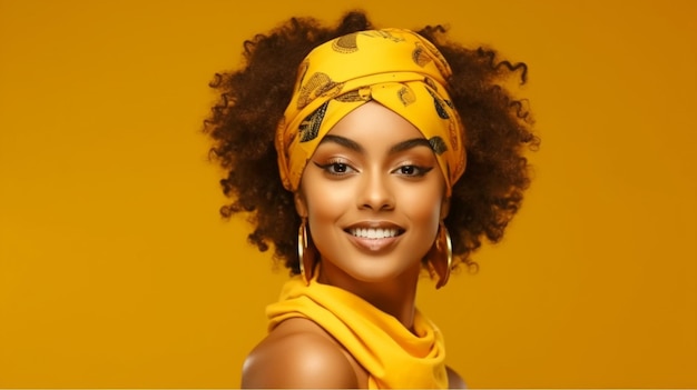 A young woman in a studio portrait wearing an afroamerican turban on a yellow background generative ai cosmetics and beauty