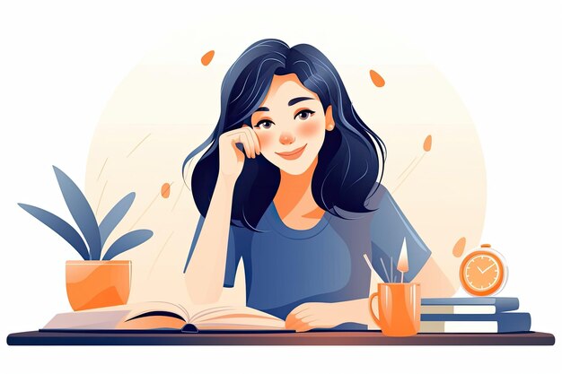 Young woman studying at home Illustration in flat cartoon
