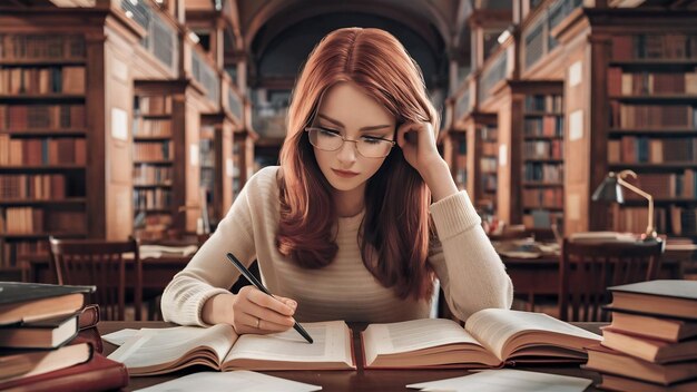 Young woman studying at the library