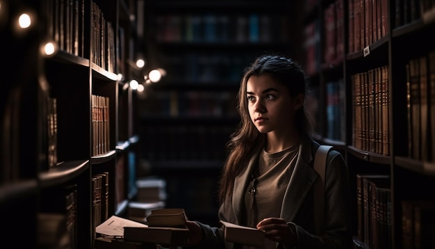 Young woman studying literature indoors at library generated by AI