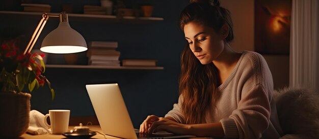 Молодая женщина изучает онлайн дома портрет в теплых тонах с местом для копирования с помощью компьютера