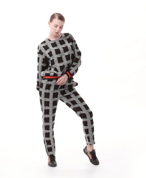 Young woman in stylish pajamasisolated on white