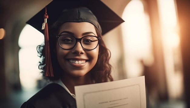 Photo young woman success diploma cap and smile generated by ai