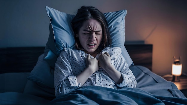 Молодая женщина страдает от боли в спине в постели после пробуждения