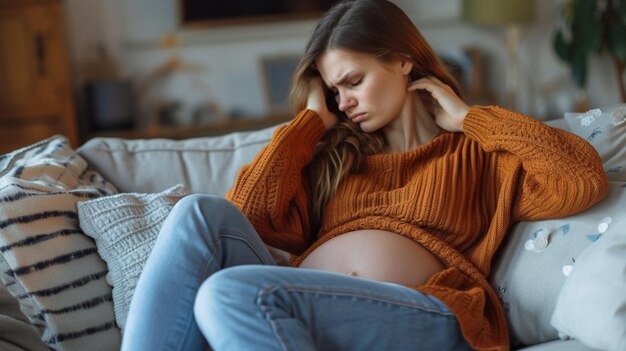 Young woman suffering from nausea and headache during pregnancy