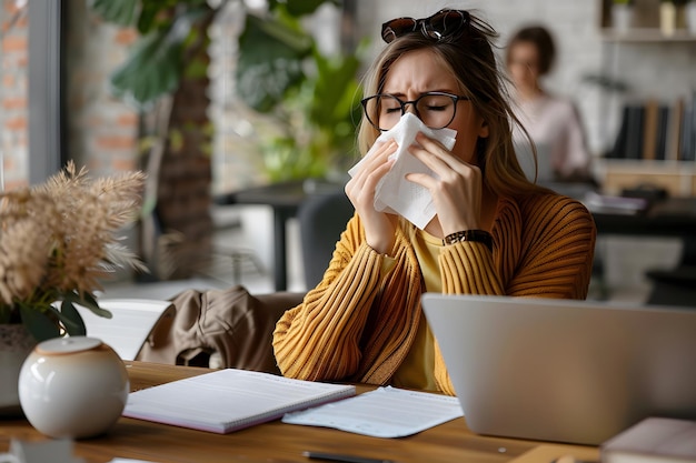 Young woman suffering from runny nose or nasal blocking Common cold or flu patient with rhinitis