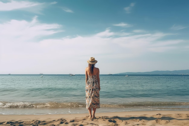 Молодая женщина в летнем платье, стоящая на морском пляже, сгенерирована искусственным интеллектом