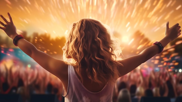 Молодая женщина на летнем музыкальном фестивале Радостное веселье Сценическое представление с огнями и толпой