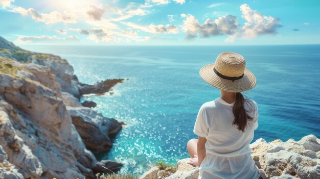 Молодая женщина в летней соломенной шляпе сидит на вершине скалы, глядя на пейзаж с видом на море с голубым небом.