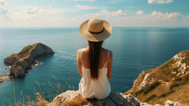 夏の草の帽子をかぶった若い女性が崖の頂上に座って青い空と海の景色を眺めているカップルや家族のための旅行コンセプト海辺のスタイルでの道路旅行の休暇バックビュー