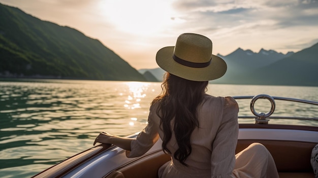 夏のスーツと帽子をかぶった若い女性がヨットの端に立って、美しい自然の風景を眺めている