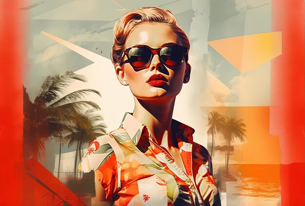 A young woman in sunglasses with abstract background