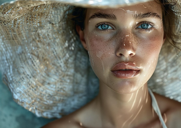 Foto giovane donna con il cappello solare con le freccie in un giorno d'estate illuminato dal sole