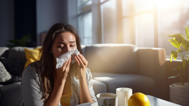 A young woman in sunny room with paper tissue sneezing sick with pandemic flu virus or cold