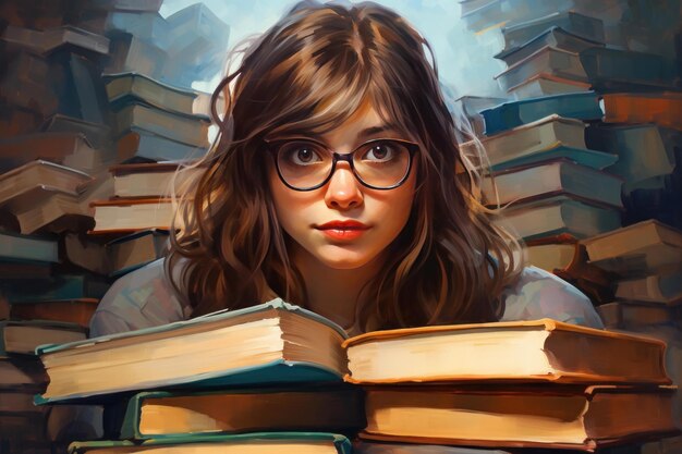 Young woman surrounded by books