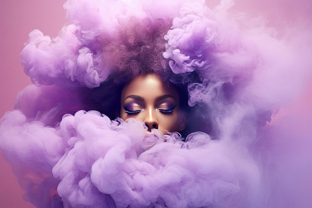 Young woman surrounded by a colorful cloud of smoke