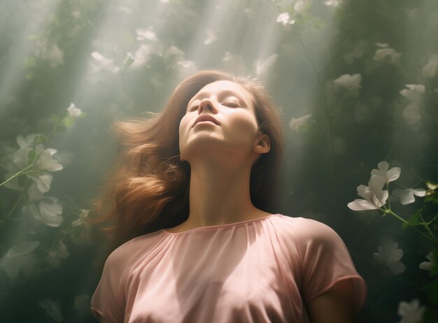 A young woman surrounded by green foliage and flowers