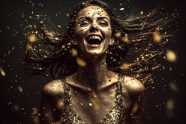 Young woman surrounded golden confetti having fun at party generative AI