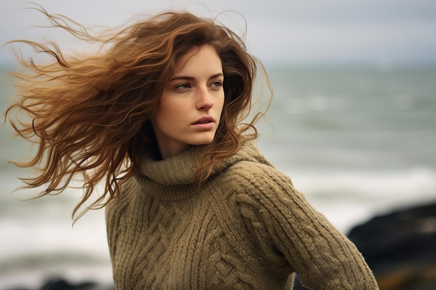 Photo young woman in sweater stands on windy winter seashore