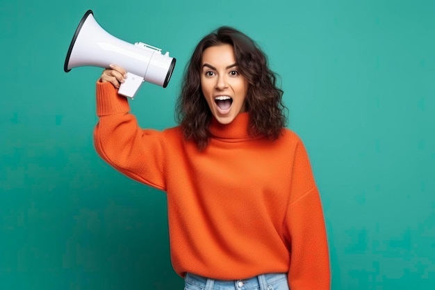 Young woman in sweater with megaphone loudspeaker screaming left pointing index finger