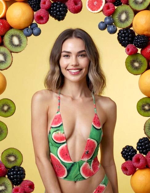 Photo young woman in a swimsuit posing with fruits