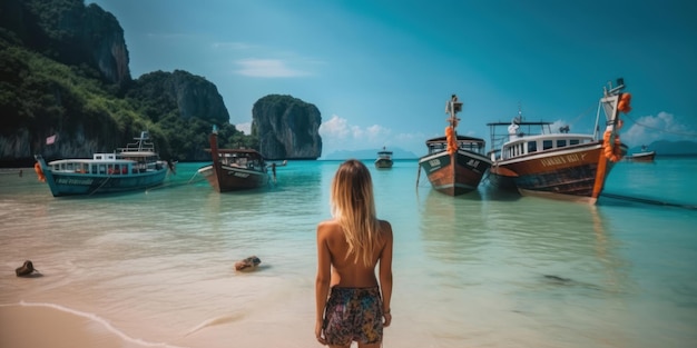 Young woman in swimsuit walking on the beach in Thailand