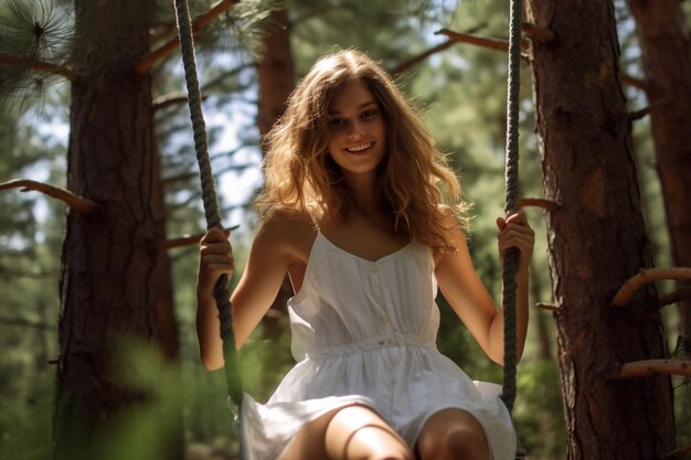 Молодая женщина качается на качелях в летнем сосновом лесу